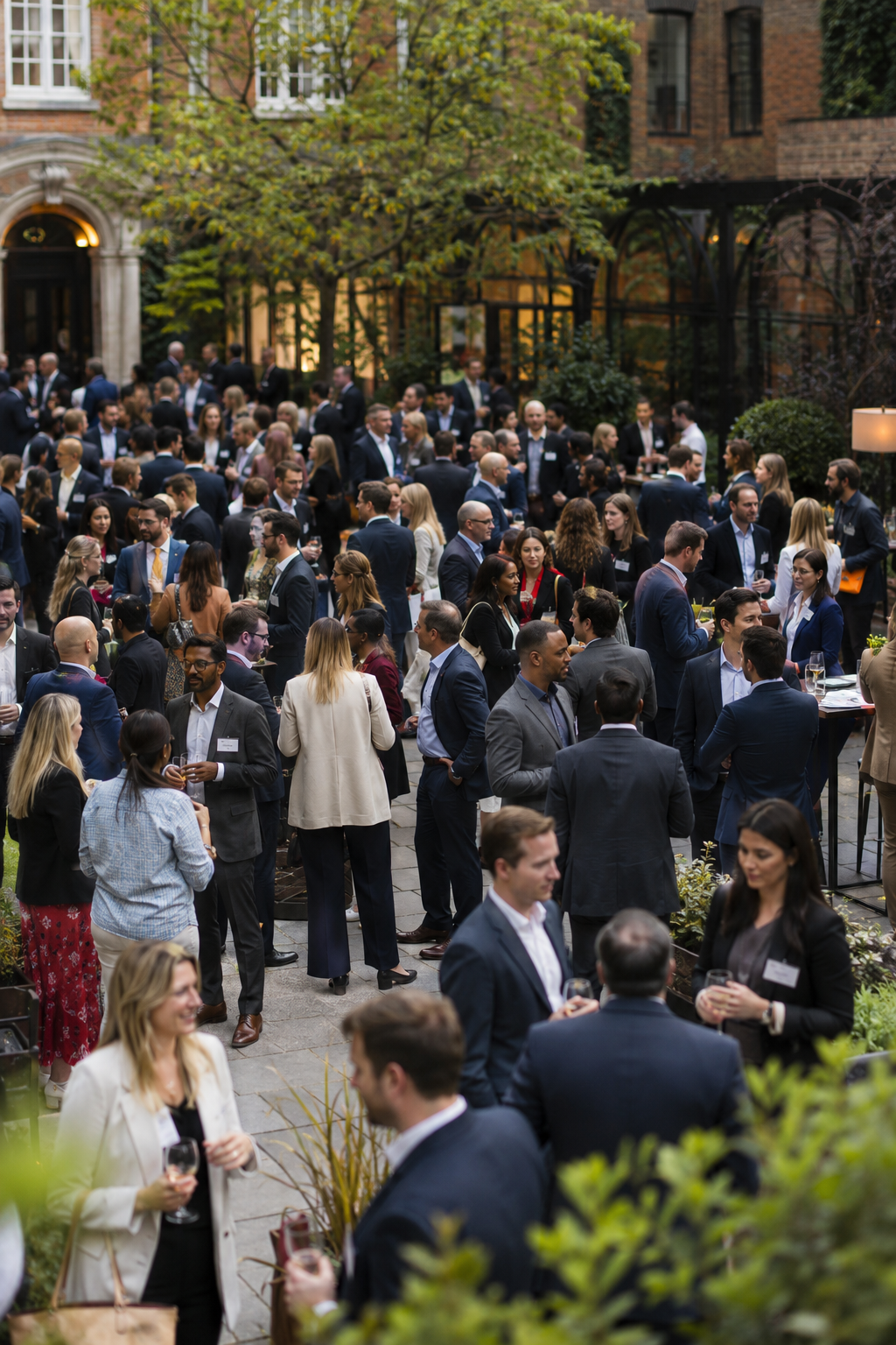 Senior delegates networking in a London courtyard reception