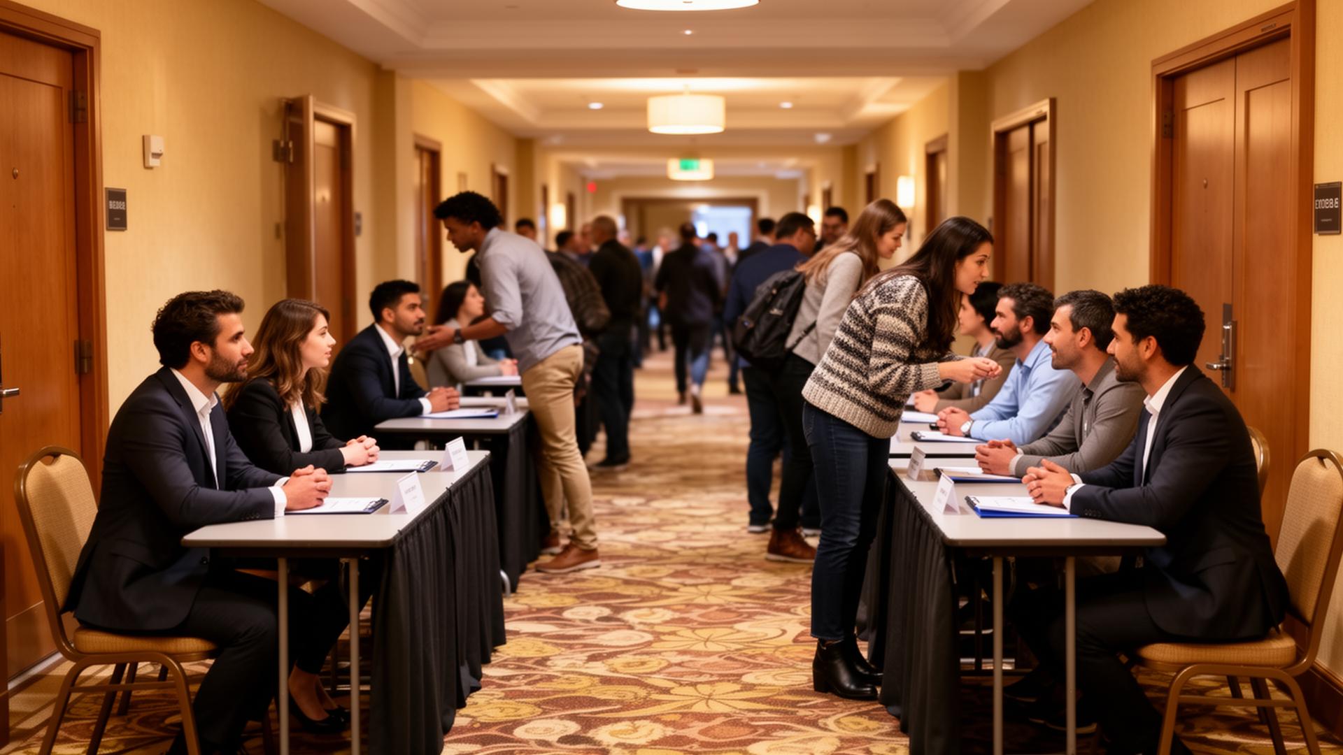 Hotel corridor converted into back-to-back meeting rooms for a corporate speed-meeting event